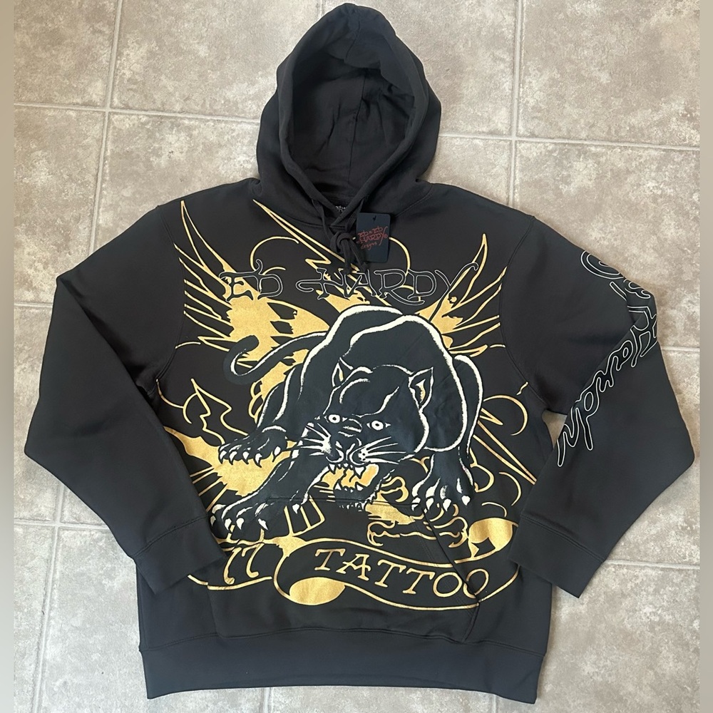 NWT Ed Hardy Charcoal & Gold Panther Hoodie Large